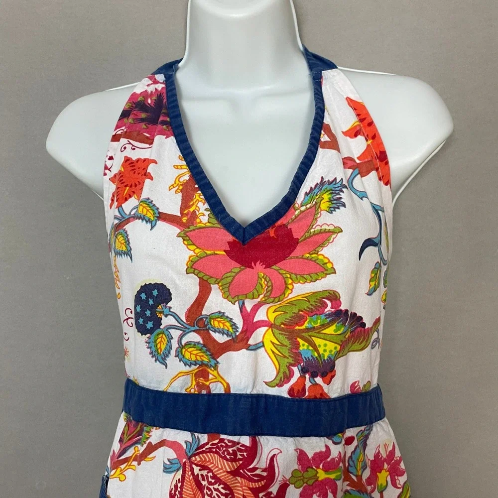 Sur La Table Floral Apron Colorful Cotton Pom Pom Trim Halter Neck Tie Kitchen